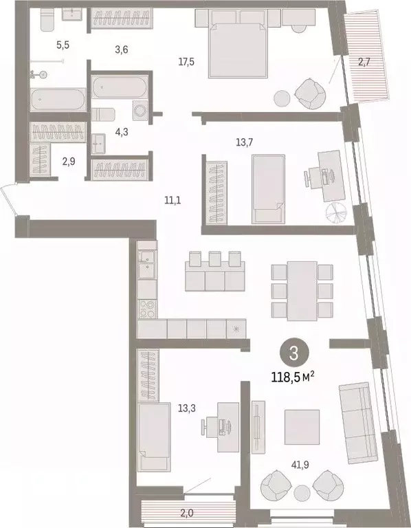 3-к кв. Тюменская область, Тюмень Речной Порт жилой комплекс (118.5 м) - Фото 2
