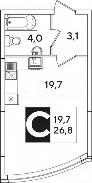 Квартира-студия, 26,8 м, 2/16 эт. - Фото 1