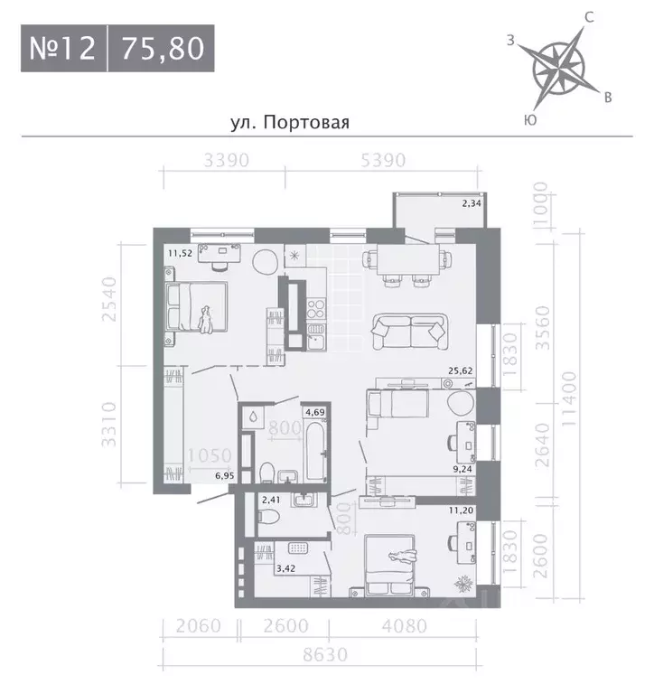 3-к кв. Татарстан, Казань Живи на Портовой жилой комплекс (75.8 м) - Фото 0