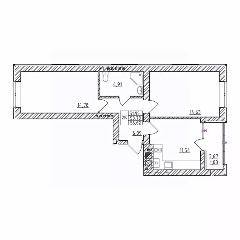 2-к кв. Калининградская область, Зеленоградск  (55.62 м) - Фото 1