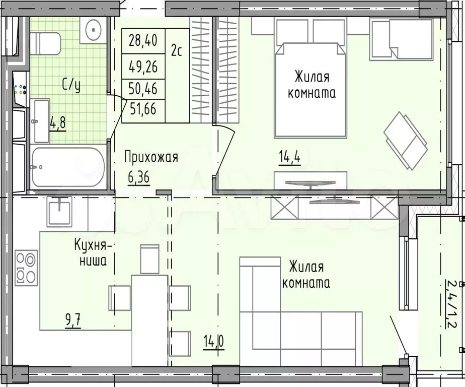 2-к. квартира, 51,7 м, 13/25 эт. - Фото 0