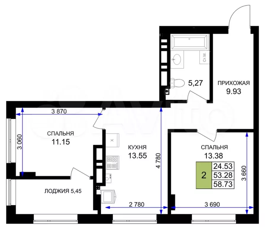 2-к. квартира, 59м, 6/7эт. - Фото 1