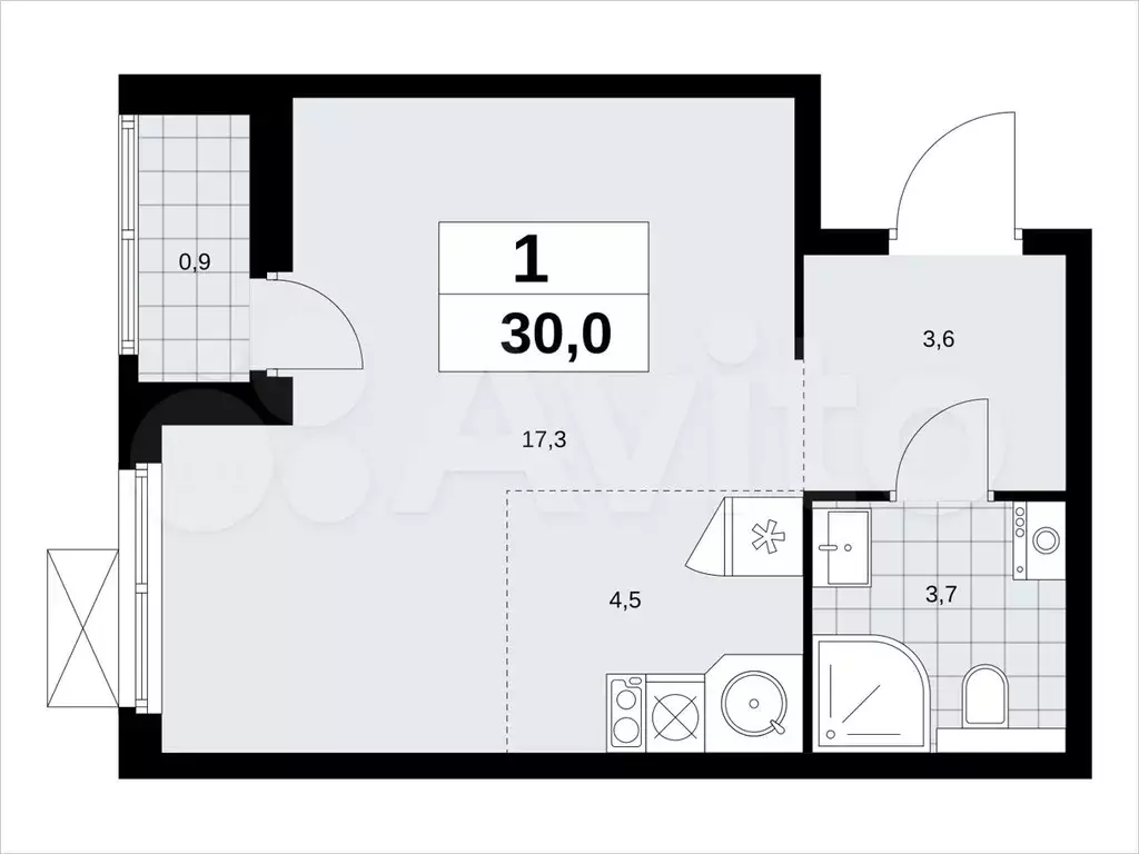 Квартира-студия, 30м, 6/19эт. - Фото 1