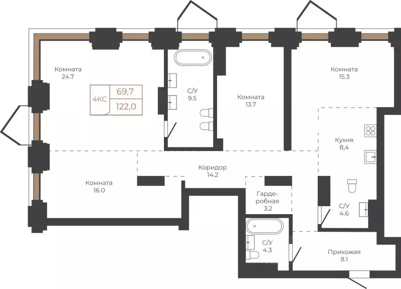4-к кв. Алтайский край, Барнаул пл. Баварина, 8к2 (122.3 м) - Фото 1