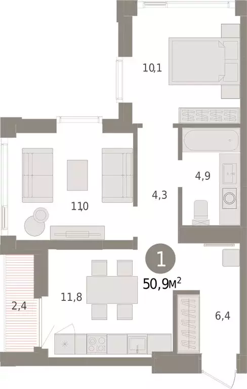 1-комнатная квартира: Тюмень, улица Павла Фитина, 7 (50.93 м) - Фото 2