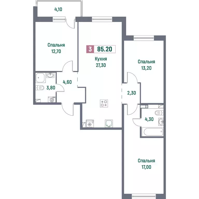 3-комнатная квартира: Мурино, проспект Авиаторов Балтики, 23к1 (85.2 ... - Фото 1