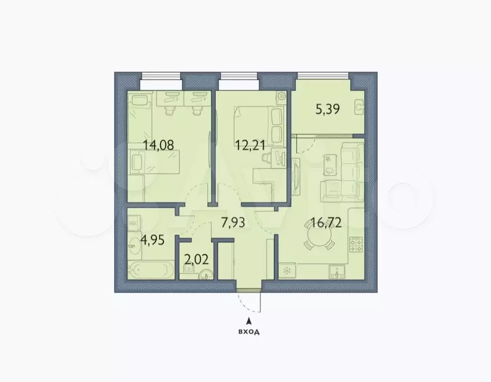 2-к. квартира, 63,3 м, 8/8 эт. - Фото 0