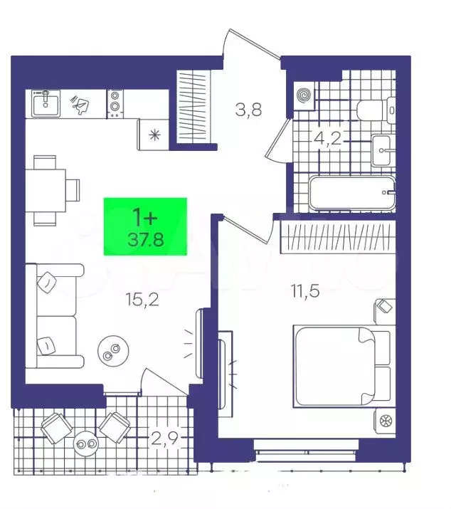 1-к. квартира, 37,8 м, 8/8 эт. - Фото 1