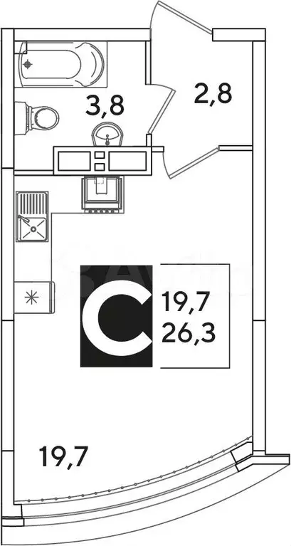 Квартира-студия, 26,3 м, 15/16 эт. - Фото 0