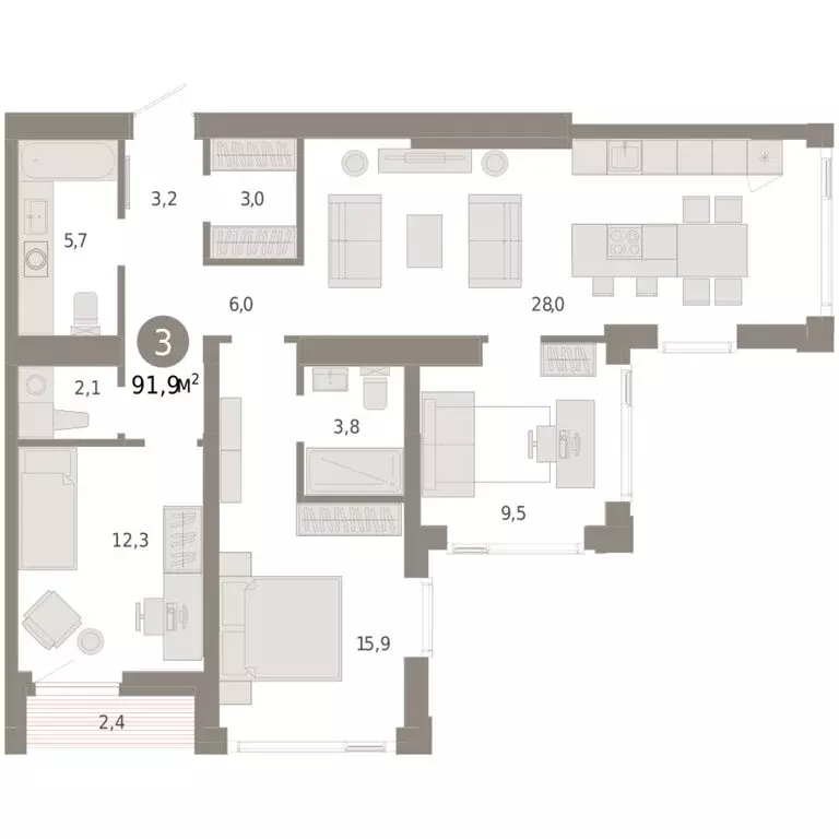 3-комнатная квартира: Тюмень, улица Павла Фитина, 7 (91.93 м) - Фото 2