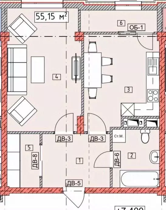 1-к кв. Чеченская республика, Грозный ул. Е.М. Батаевой, 1Б (55.15 м) - Фото 0