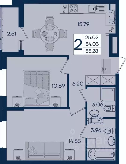 2-к кв. Краснодарский край, Краснодар  (55.28 м) - Фото 1