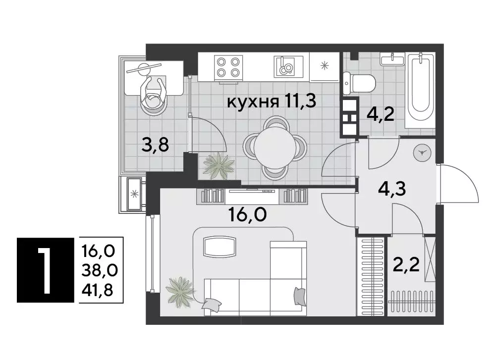 1-комнатная квартира: Краснодар, микрорайон Парк Победы (41.8 м) - Фото 1