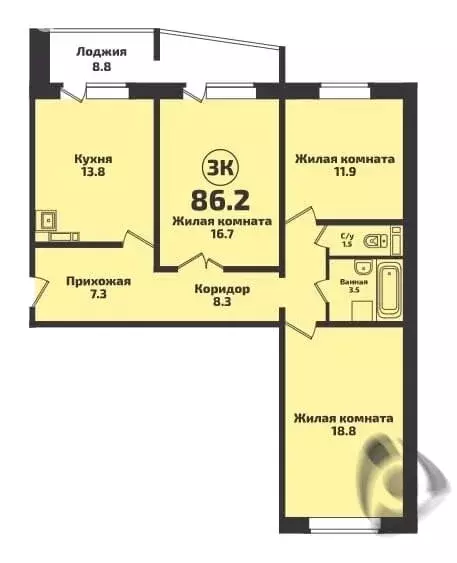 3-комнатная квартира: посёлок Садовый, микрорайон Приозёрный (86.2 м) - Фото 0