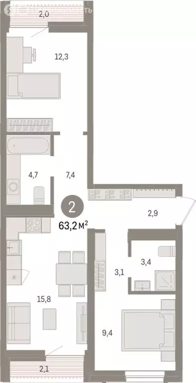 2-комнатная квартира: Новосибирск, улица Аэропорт (63.18 м) - Фото 1