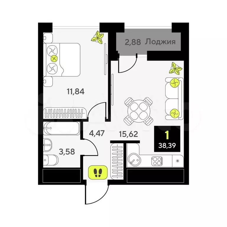 1-к. квартира, 38,4 м, 7/10 эт. - Фото 0