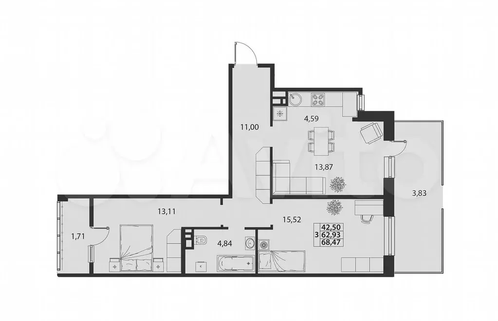 2-к. квартира, 68,5 м, 1/7 эт. - Фото 1