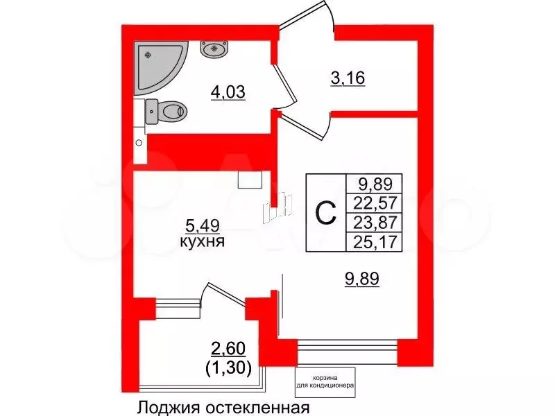 1-к. квартира, 23,9 м, 6/6 эт. - Фото 1
