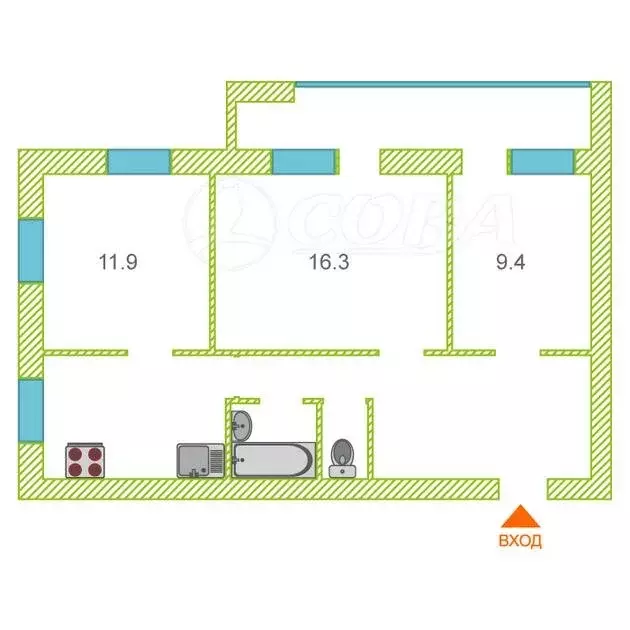 3-комнатная квартира: Тюмень, Первомайская улица, 60 (62.2 м) - Фото 2
