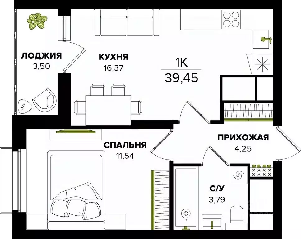 1-к кв. Тульская область, Тула  (39.45 м) - Фото 1