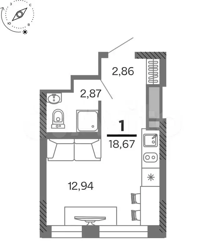 1-к. квартира, 18,7 м, 14/25 эт. - Фото 1