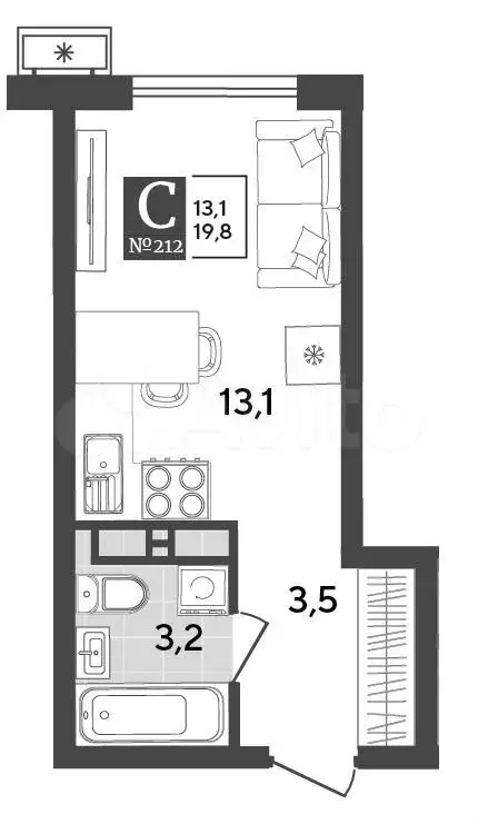 Квартира-студия, 19,8 м, 16/18 эт. - Фото 1