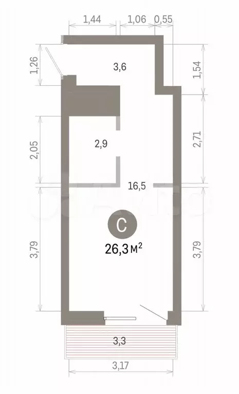 Квартира-студия, 26,3 м, 4/8 эт. - Фото 1