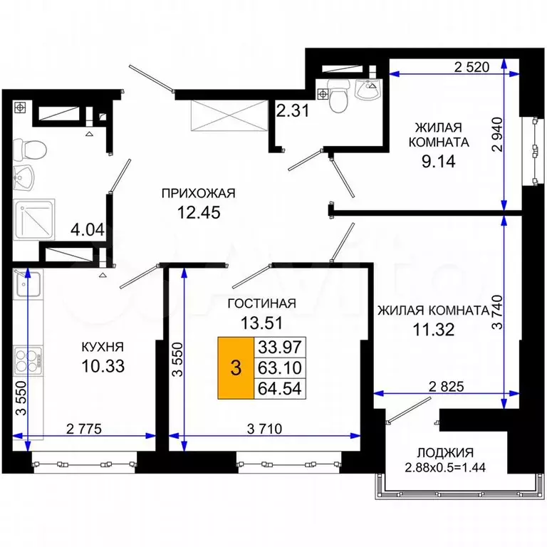 3-к. квартира, 65 м, 7/25 эт. - Фото 0