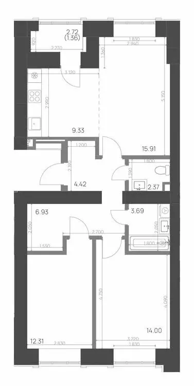 3-комнатная квартира: Нижнекамск, 15-й микрорайон, ЖК Калина (70.32 м) - Фото 0