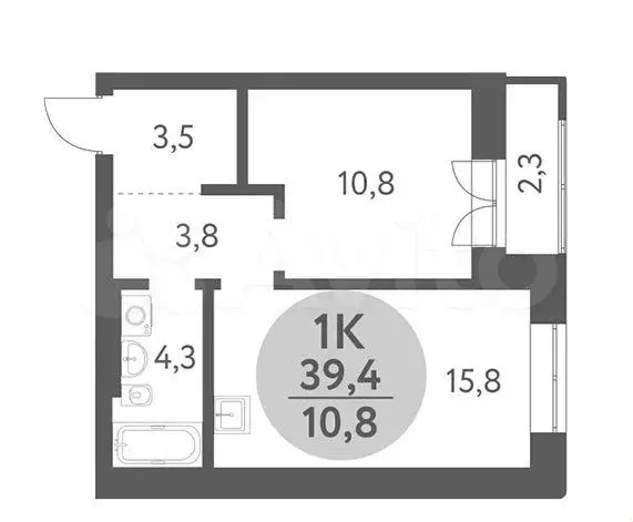 1-к. квартира, 39,4м, 3/9эт. - Фото 0