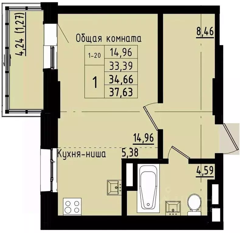 1-к кв. Саха (Якутия), Покровск ул. Орджоникидзе, 68 (34.66 м) - Фото 1