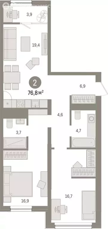2-комнатная квартира: Тюмень, Мысовская улица, 26к1 (76.82 м) - Фото 1