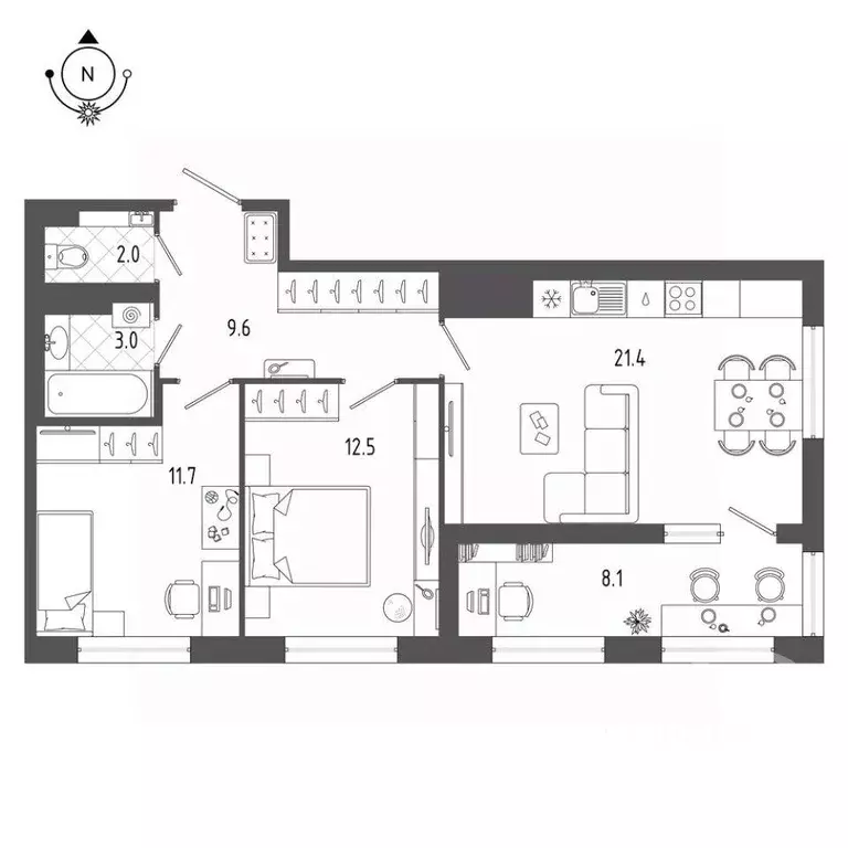 Квартира, 2 комнаты, 64.09 м - Фото 1