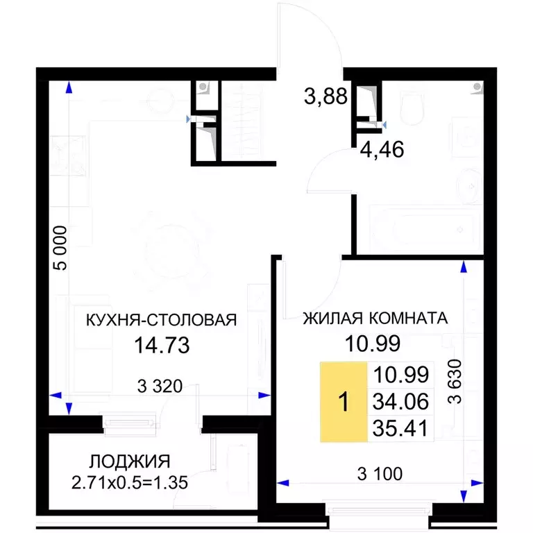 1-комнатная квартира: Краснодар, жилой комплекс Фонтаны (35.41 м) - Фото 0