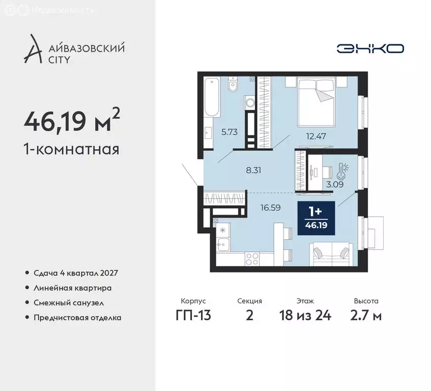 1-комнатная квартира: Тюмень, ЖК Айвазовский Сити (46.19 м) - Фото 0