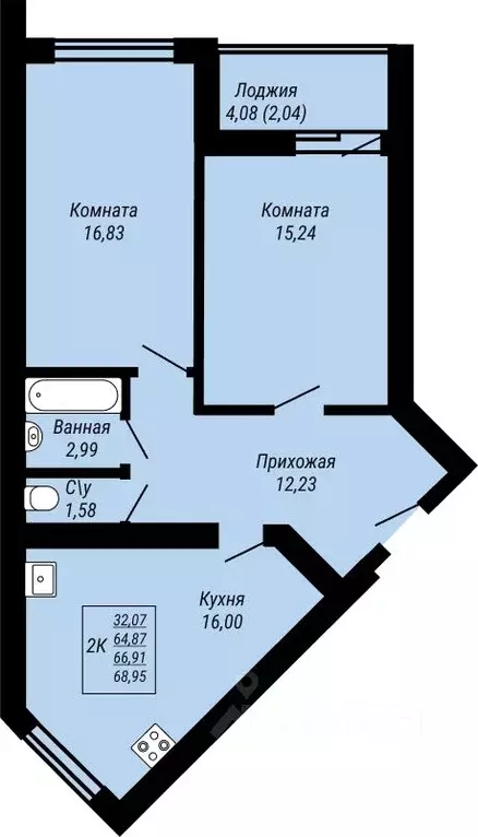 2-к кв. Ивановская область, Иваново Юбилейный жилой комплекс (68.95 м) - Фото 0