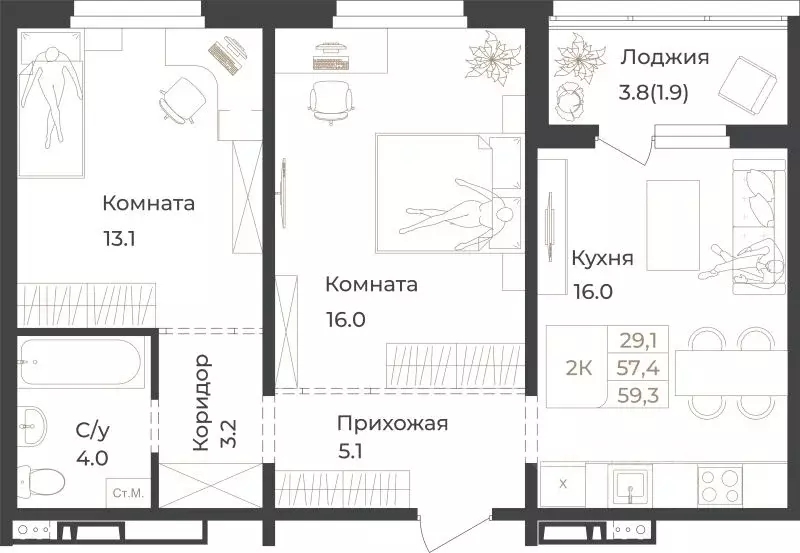 2-к кв. Алтай, Горно-Алтайск Дом 1824 жилой комплекс (59.3 м) - Фото 1