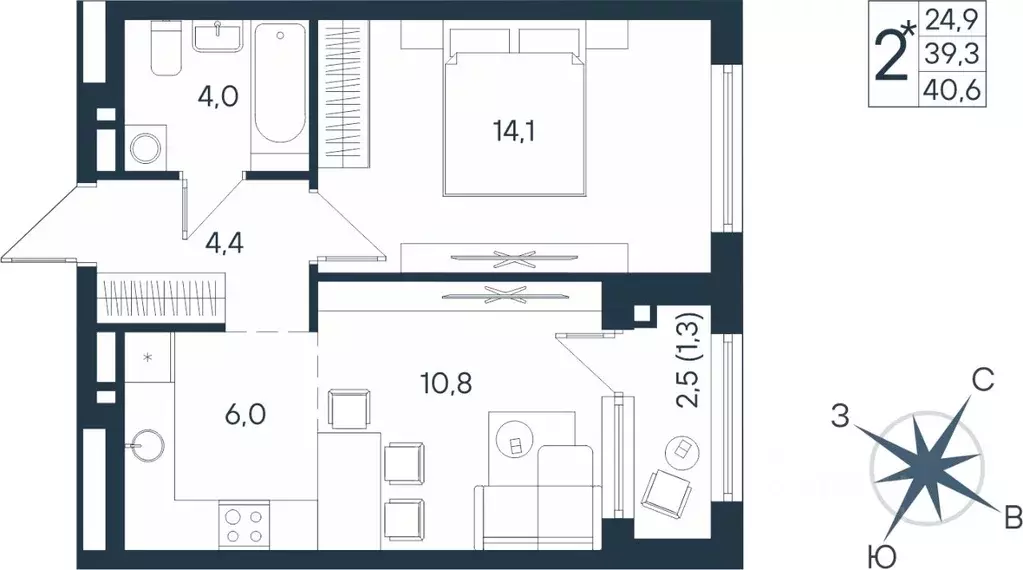 Студия Пермский край, Пермь ул. Космонавта Беляева, 17 (40.6 м) - Фото 1