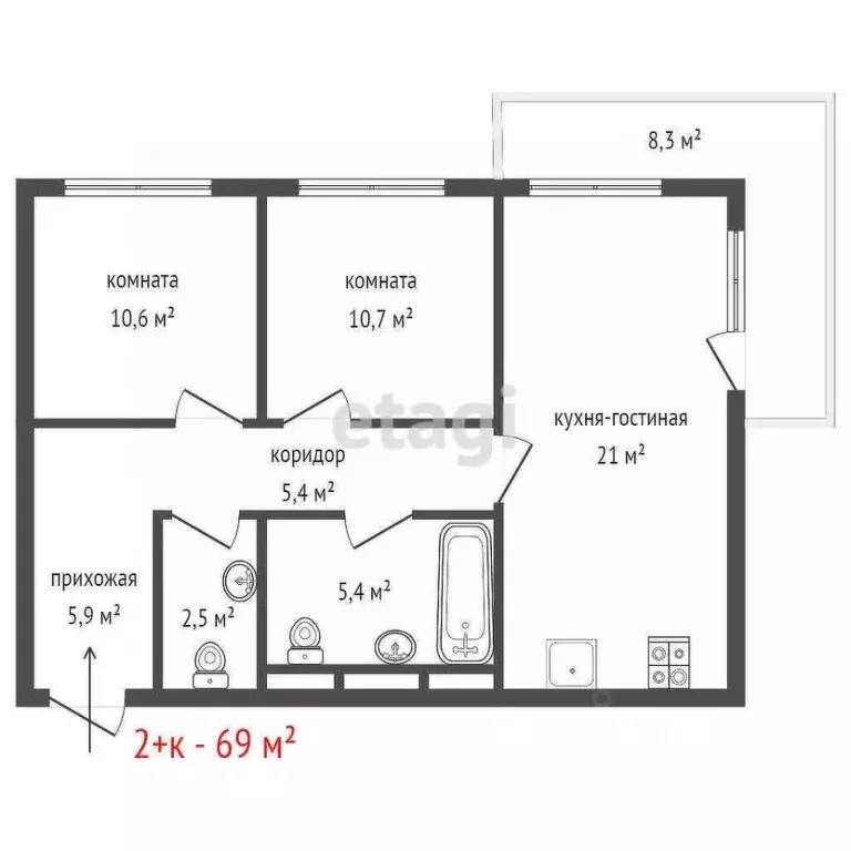 2-к кв. Свердловская область, Екатеринбург ул. Пехотинцев, 2Д (69.0 м) - Фото 2