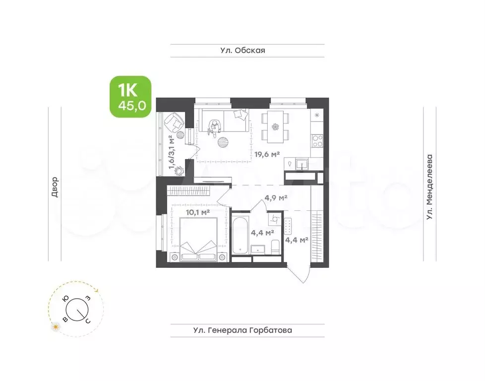 1-к. квартира, 45 м, 3/25 эт. - Фото 0