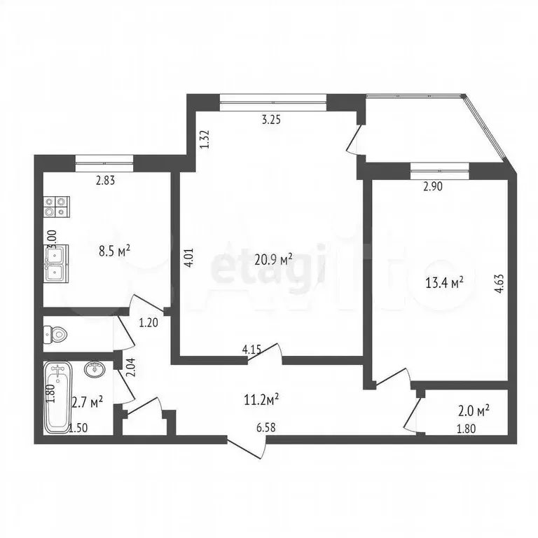 2-к. квартира, 61,6 м, 5/5 эт. - Фото 0