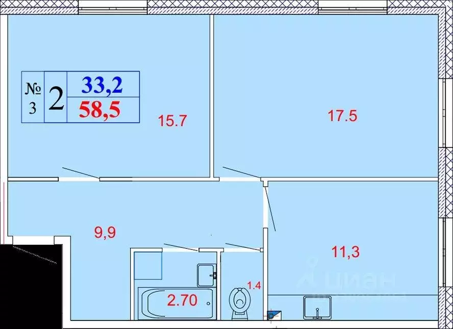 Квартира, 2 комнаты, 58.5 м - Фото 1