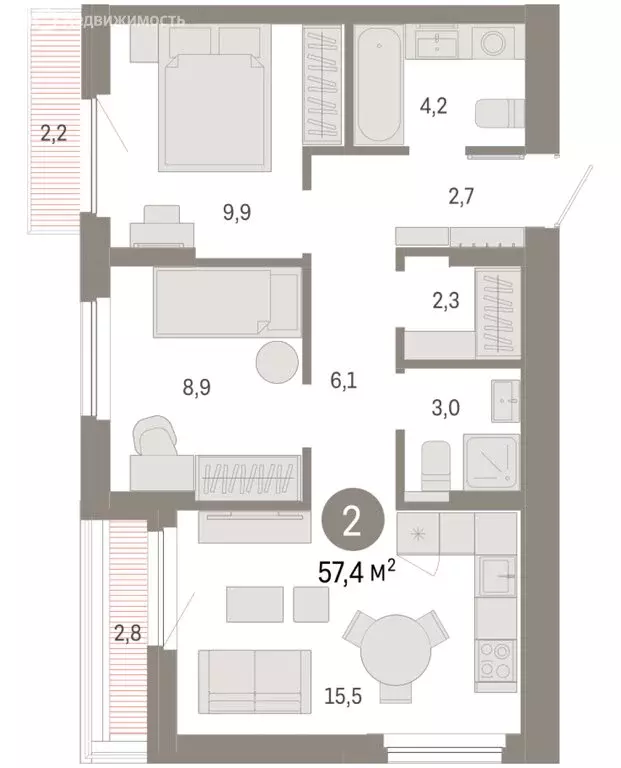 2-комнатная квартира: Новосибирский район, рабочий посёлок Краснообск, ... - Фото 1