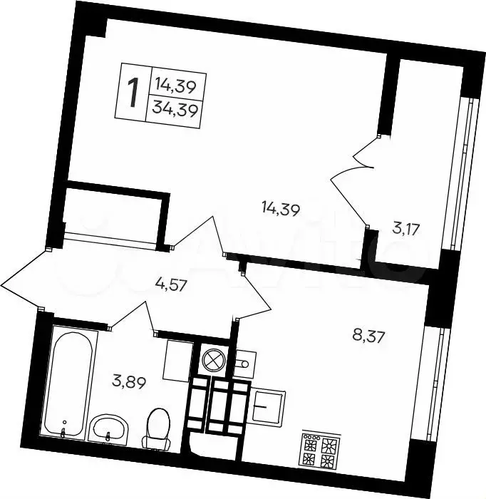 1-к. квартира, 34,4м, 6/9эт. - Фото 1