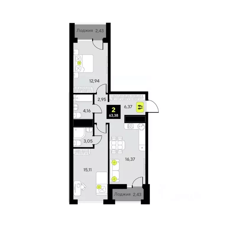 2-к кв. Тюменская область, Тюмень ул. Первооткрывателей, 9 (63.38 м) - Фото 1