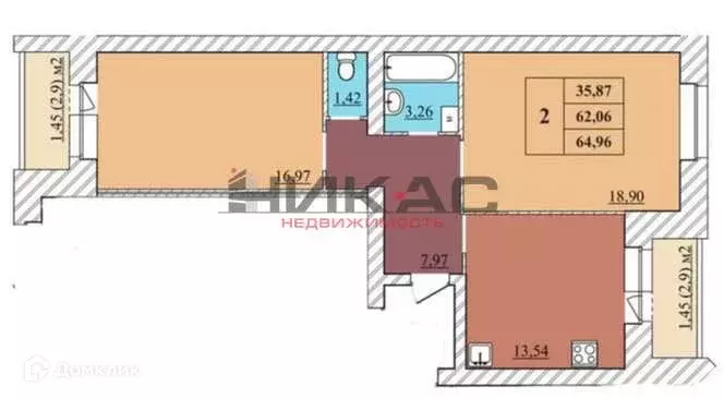 Продаётся 2-к квартира, 64.96 м - Фото 1