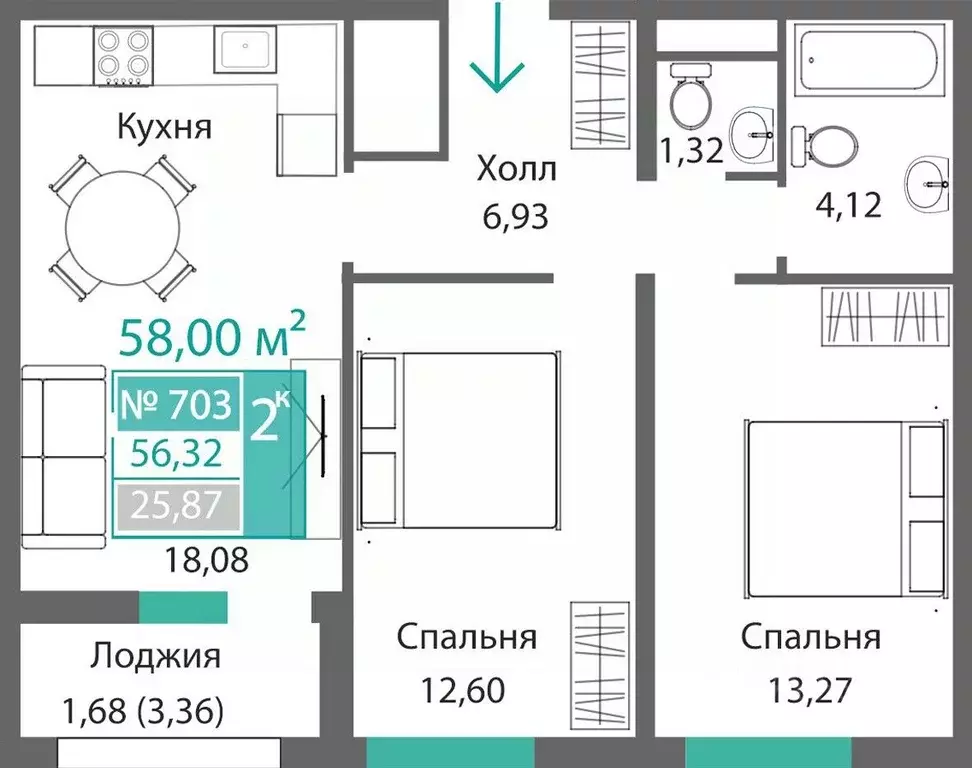2-к кв. Крым, Симферополь Крымская роза мкр,  (58.0 м) - Фото 0