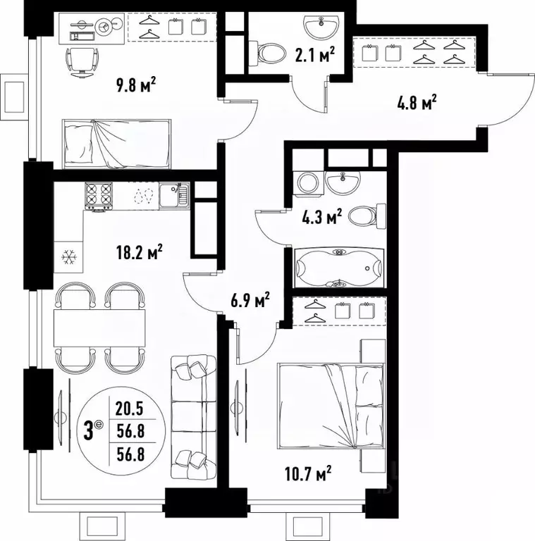 3-к кв. Астраханская область, Астрахань ул. Бэра, 29 (56.8 м) - Фото 2