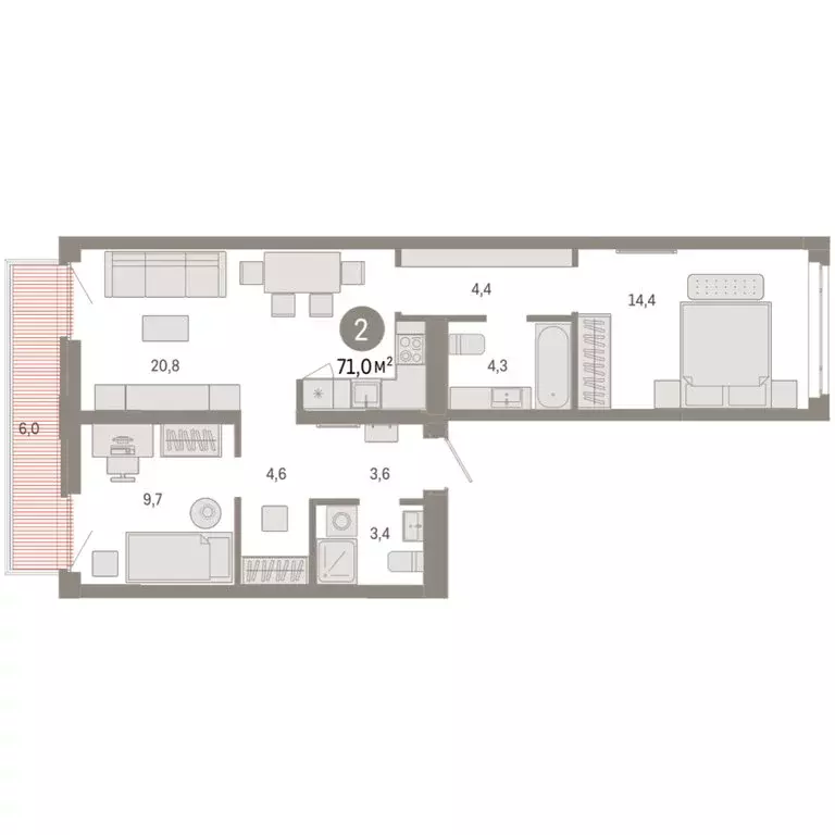 2-комнатная квартира: Тюмень, улица Республики, 205к3 (70.99 м) - Фото 2