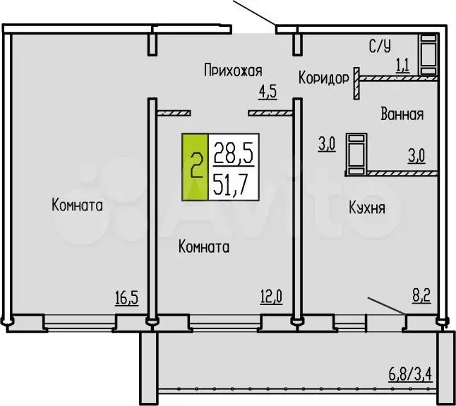 2-к. квартира, 51,7 м, 8/10 эт. - Фото 0